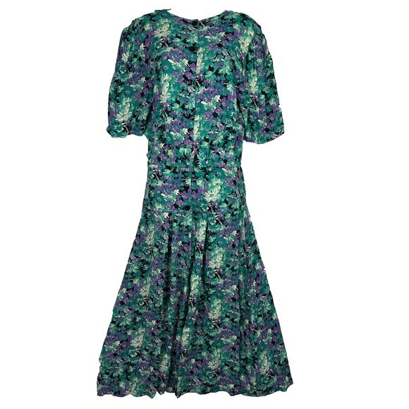 Vintage  80s E.D. Michaels Floral Maxi Dress Green Purple Prairie Cottagecore - Picture 1 of 9
